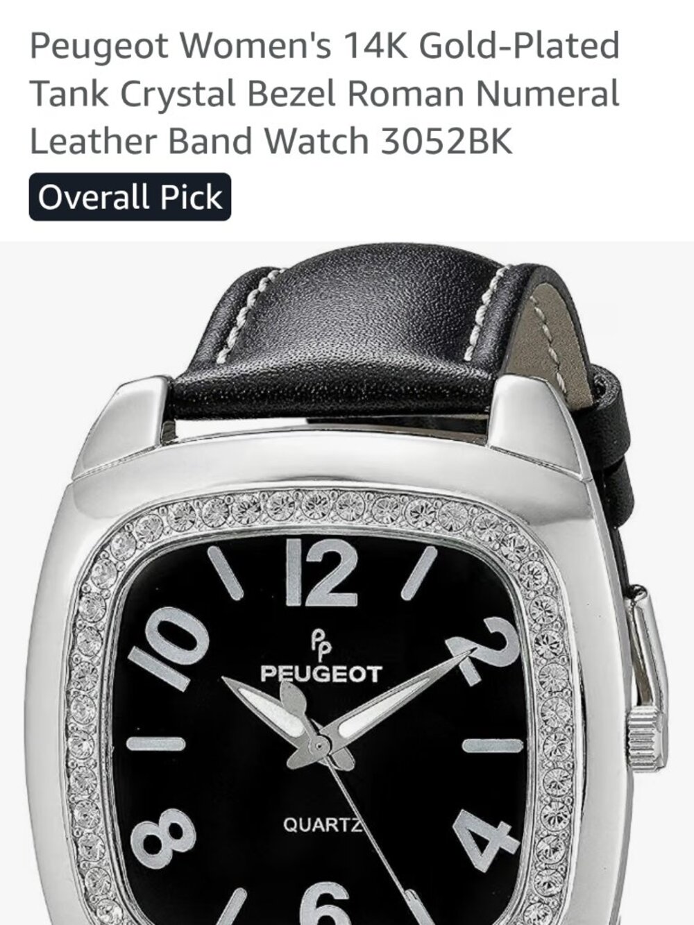 Peugeot Womens Black Leather Band Crystal Bezel Square Watch